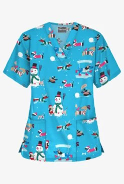 Butter-Soft Holiday Fun Turquoise Women's 3-Pocket V-Neck Print Scrub Top