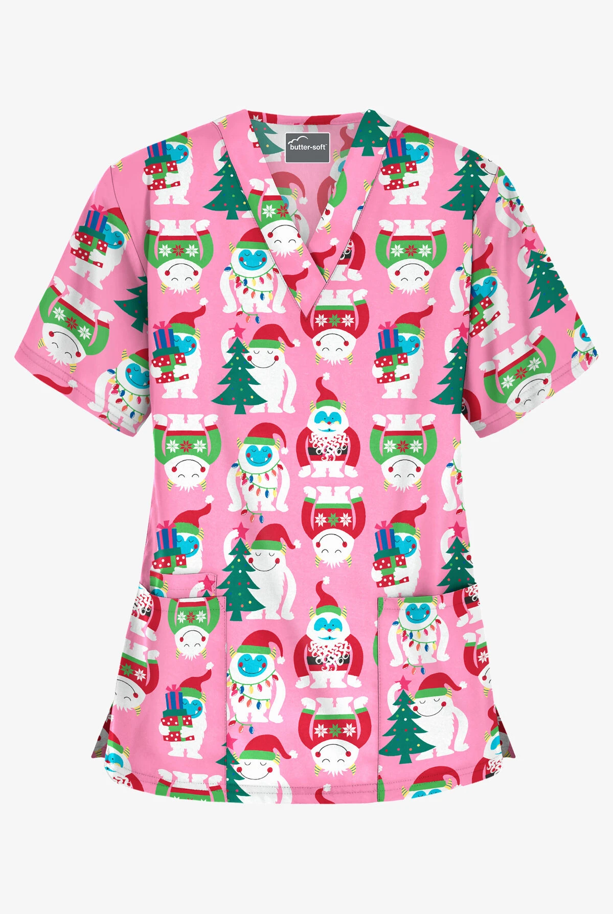 Butter-Soft Happy Monsters Pink Women's 3-Pocket V-Neck Print Scrub Top