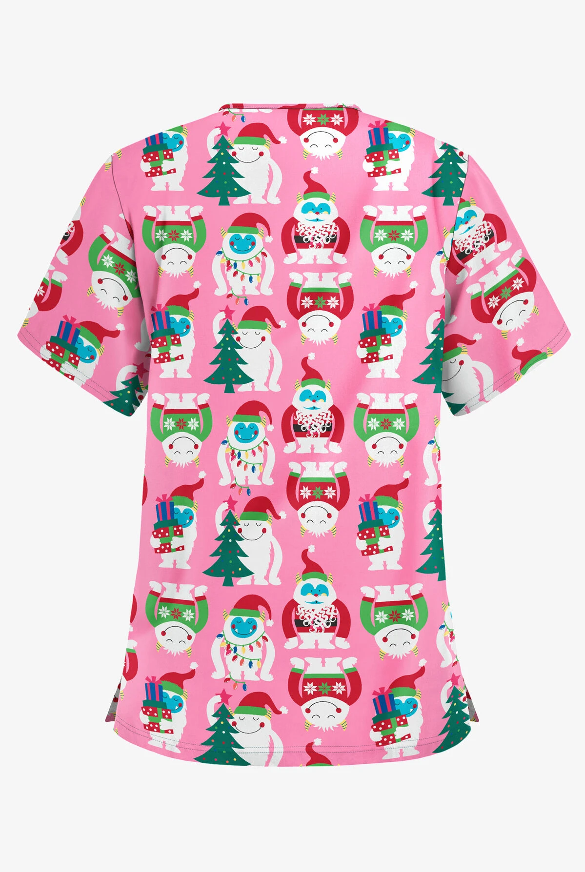 Butter-Soft Happy Monsters Pink Women's 3-Pocket V-Neck Print Scrub Top - Image 2