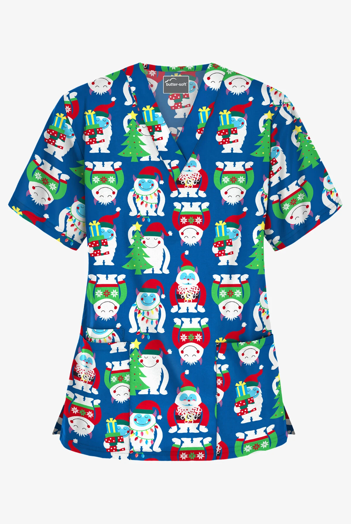 Butter-Soft Happy Monsters Royal Women's 3-Pocket V-Neck Print Scrub Top