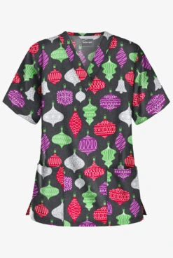 Butter-Soft Festive Ornaments Women's 2-Pocket Relaxed Fit V-Neck Print Scrub Top