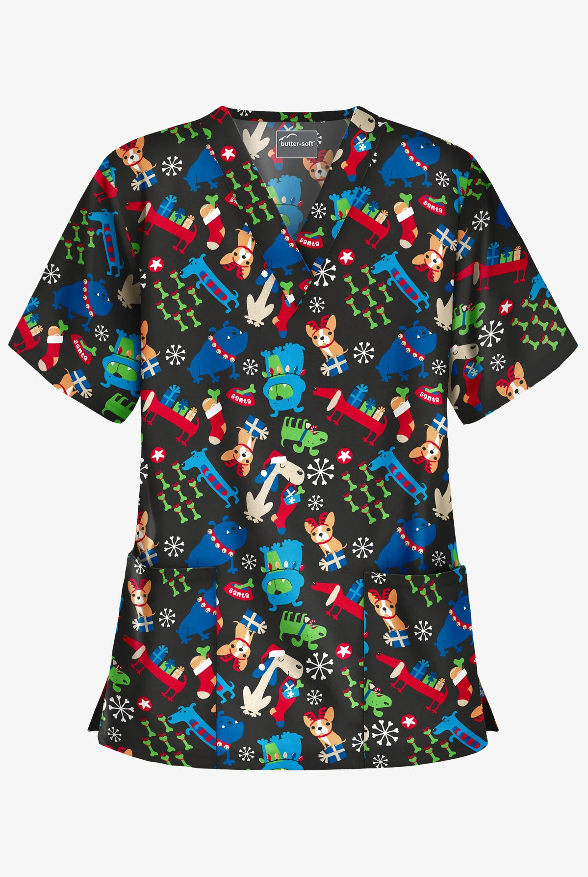 Butter-Soft Happy Dogs Women's 2-Pocket Relaxed Fit V-Neck Print Scrub Top