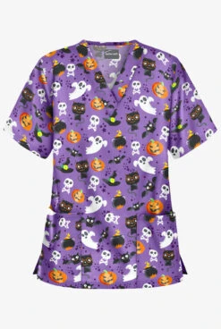 Butter-Soft Halloween Spell Purple Glow Women's 2-Pocket Relaxed Fit V-Neck Print Scrub Top