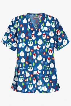 Butter-Soft North Pole Party Royal Women's 2-Pocket Relaxed Fit V-Neck Print Scrub Top