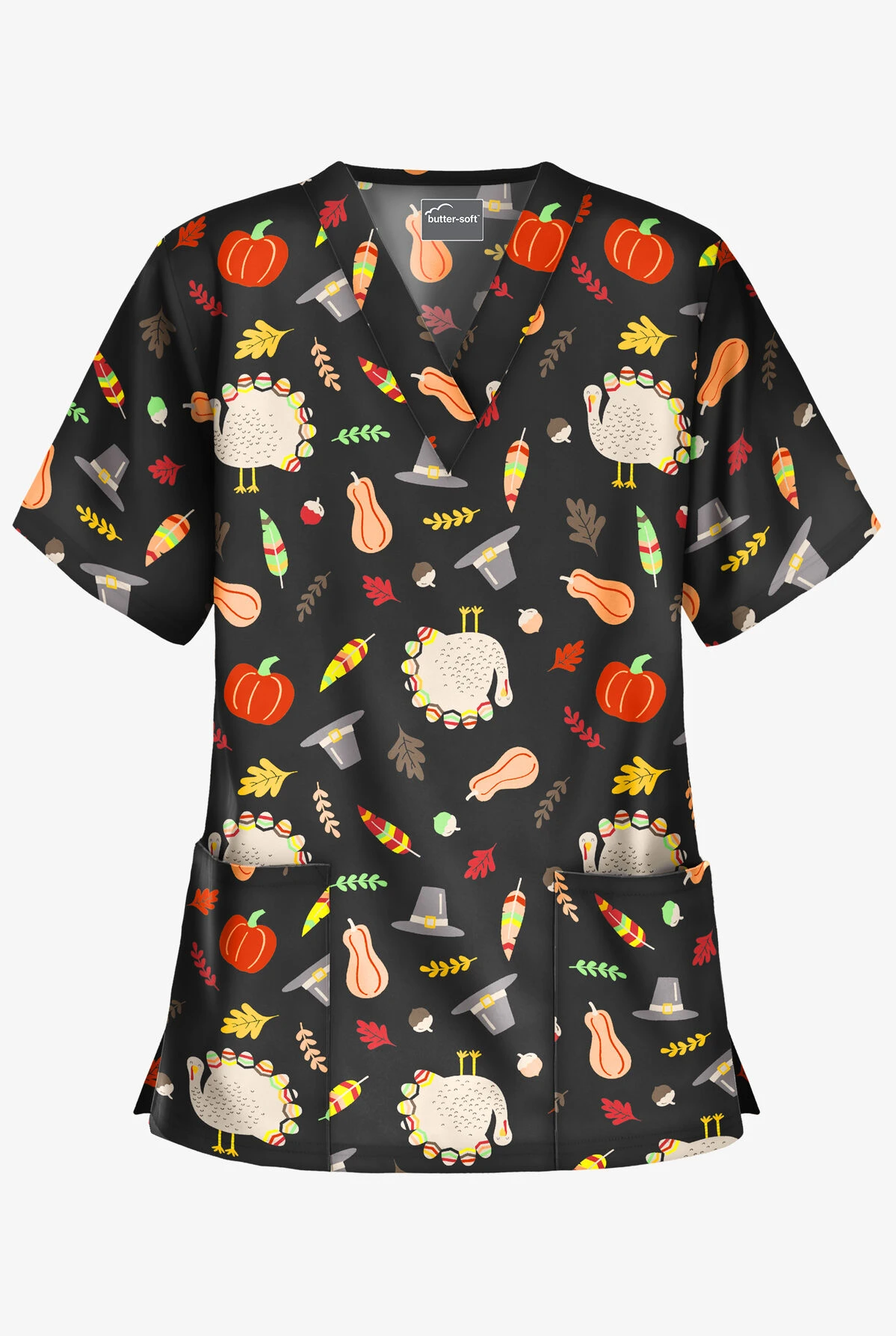 Butter-Soft Thanksgiving Walk Women's 2-Pocket Relaxed Fit V-Neck Print Scrub Top
