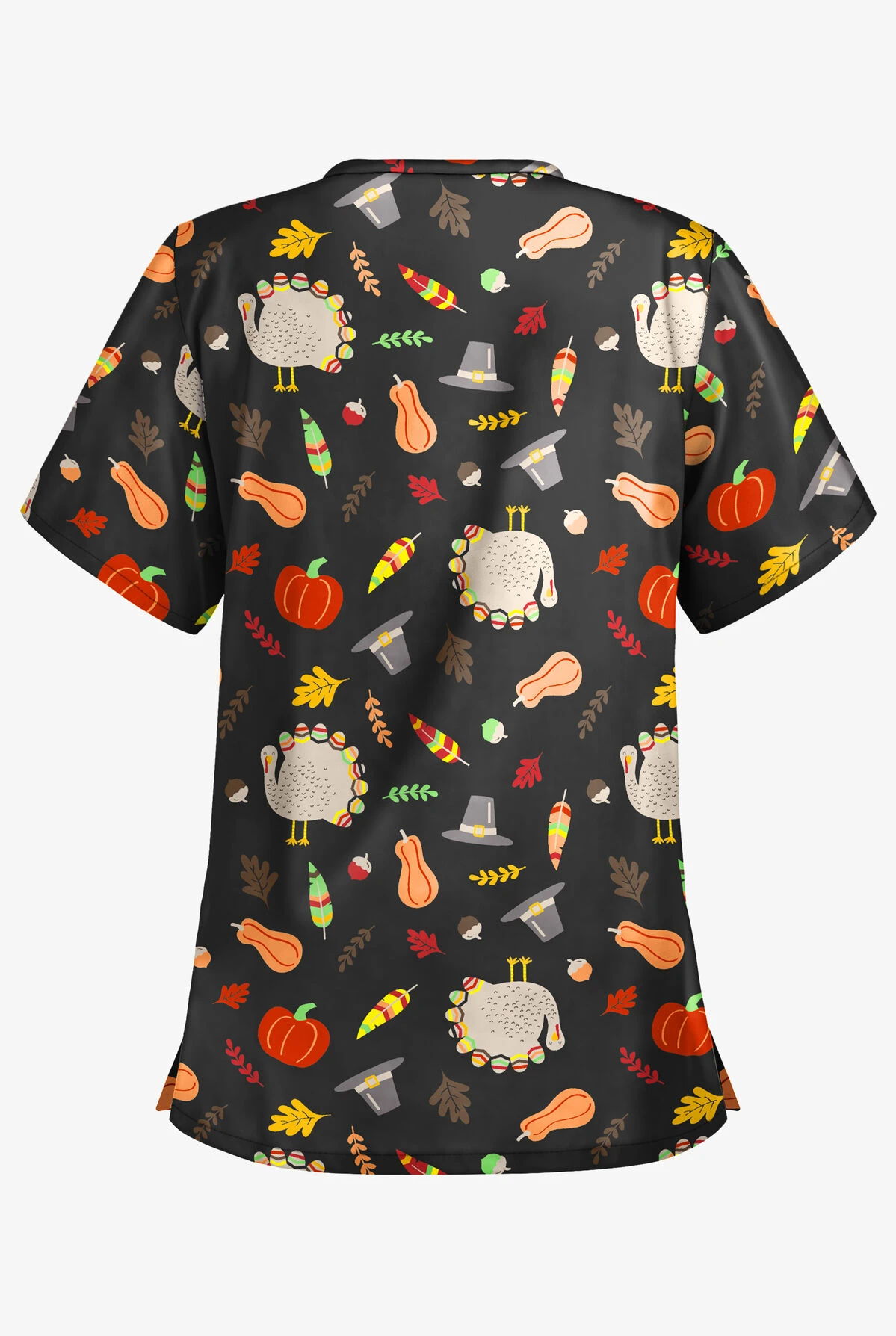 Butter-Soft Thanksgiving Walk Women's 2-Pocket Relaxed Fit V-Neck Print Scrub Top - Image 2