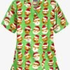 Butter-Soft X-Mas Emojis Grass Green Women's 2-Pocket Relaxed Fit V-Neck Print Scrub Top