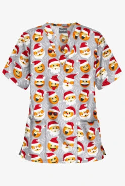 Butter-Soft X-Mas Emojis Silver Women's 2-Pocket Relaxed Fit V-Neck Print Scrub Top