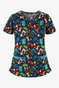 Butter-Soft Happy Dogs Women's 5-Pocket Rounded V-Neck Print Scrub Top