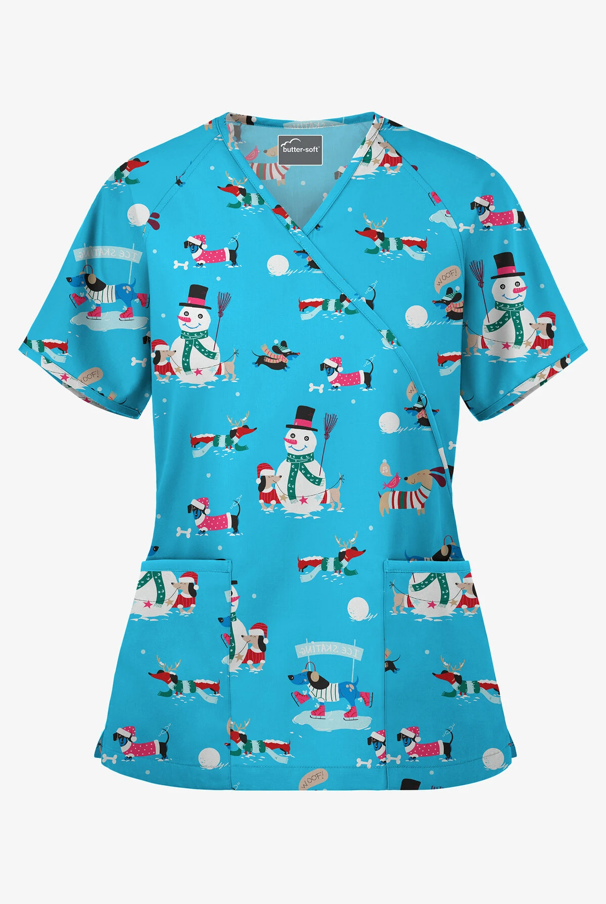 Butter-Soft Holiday Fun Turquoise Women's 2-Pocket Mock Wrap Print Scrub Top