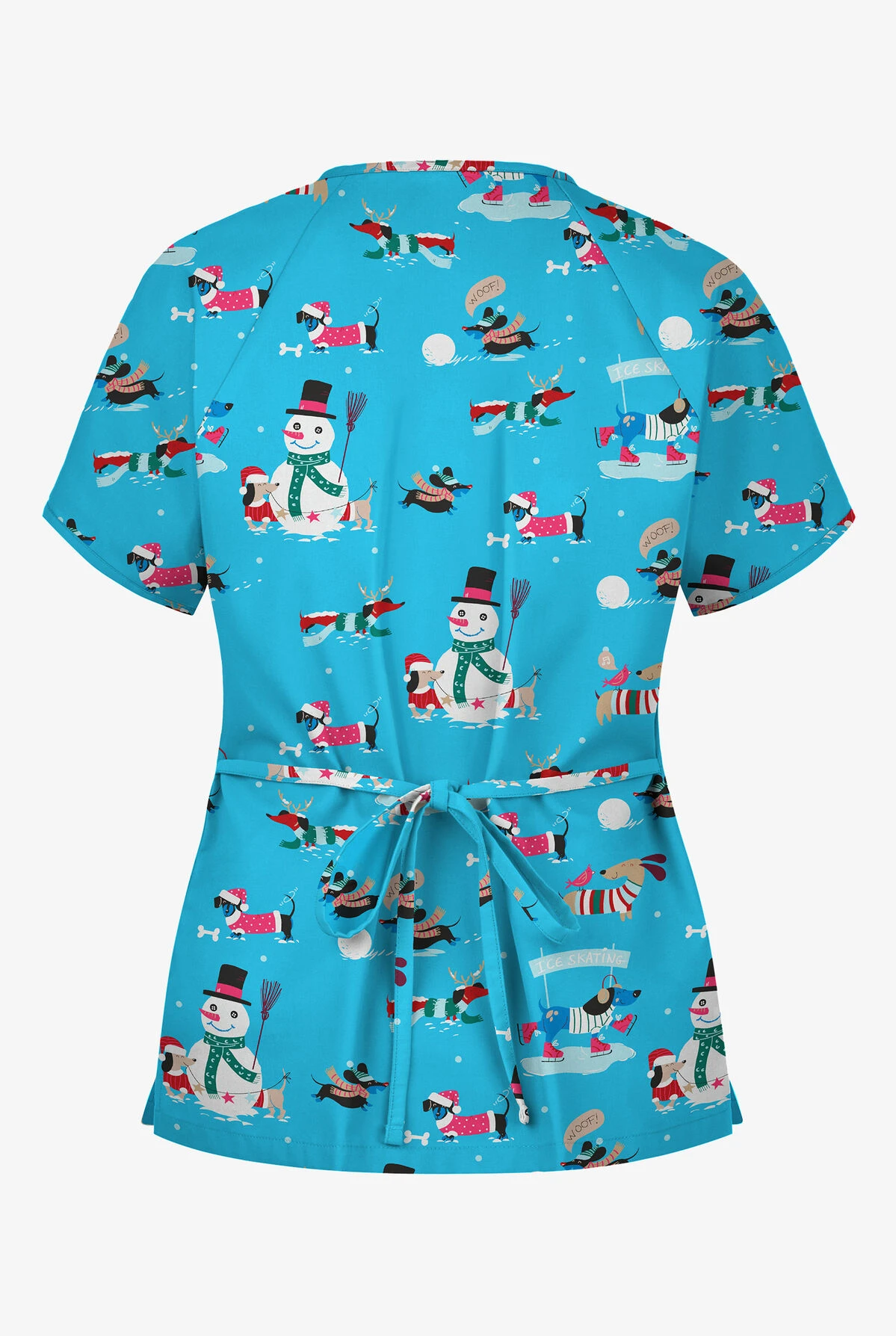 Butter-Soft Holiday Fun Turquoise Women's 2-Pocket Mock Wrap Print Scrub Top - Image 2