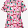 Butter-Soft Happy Monsters Pink Women's 2-Pocket Mock Wrap Print Scrub Top