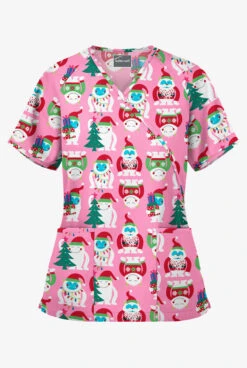 Butter-Soft Happy Monsters Pink Women's 2-Pocket Mock Wrap Print Scrub Top