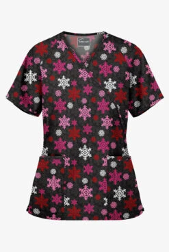 Butter-Soft Morning Snow Women's 2-Pocket Mock Wrap Print Scrub Top