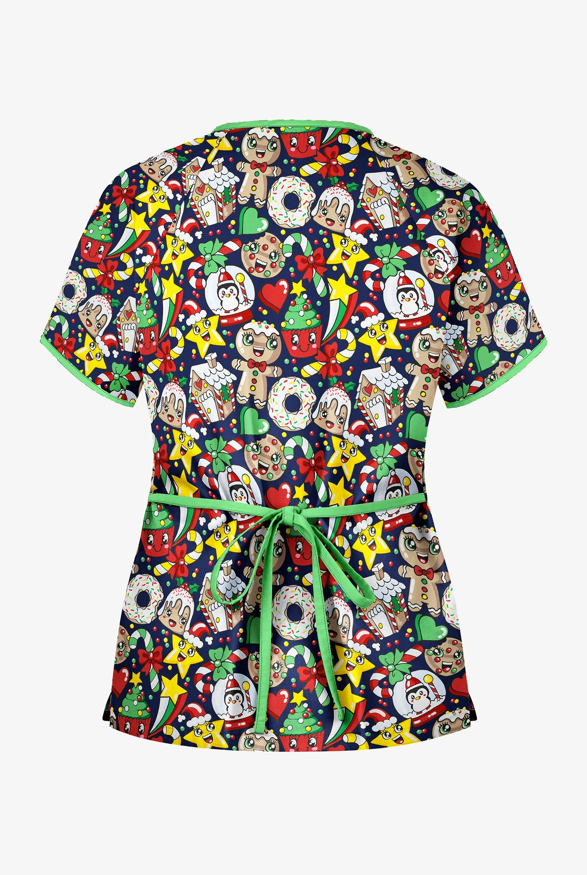 UA Best Buy Scrubs Christmas Cookies Navy Women's 2-Pocket Mock Wrap Print Top - Image 2