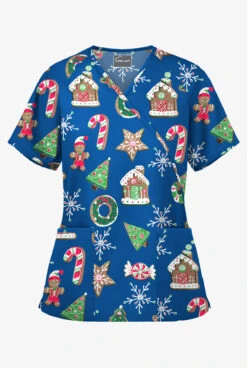 Butter-Soft Santa's Cookies Royal Women's 2-Pocket Mock Wrap Print Scrub Top