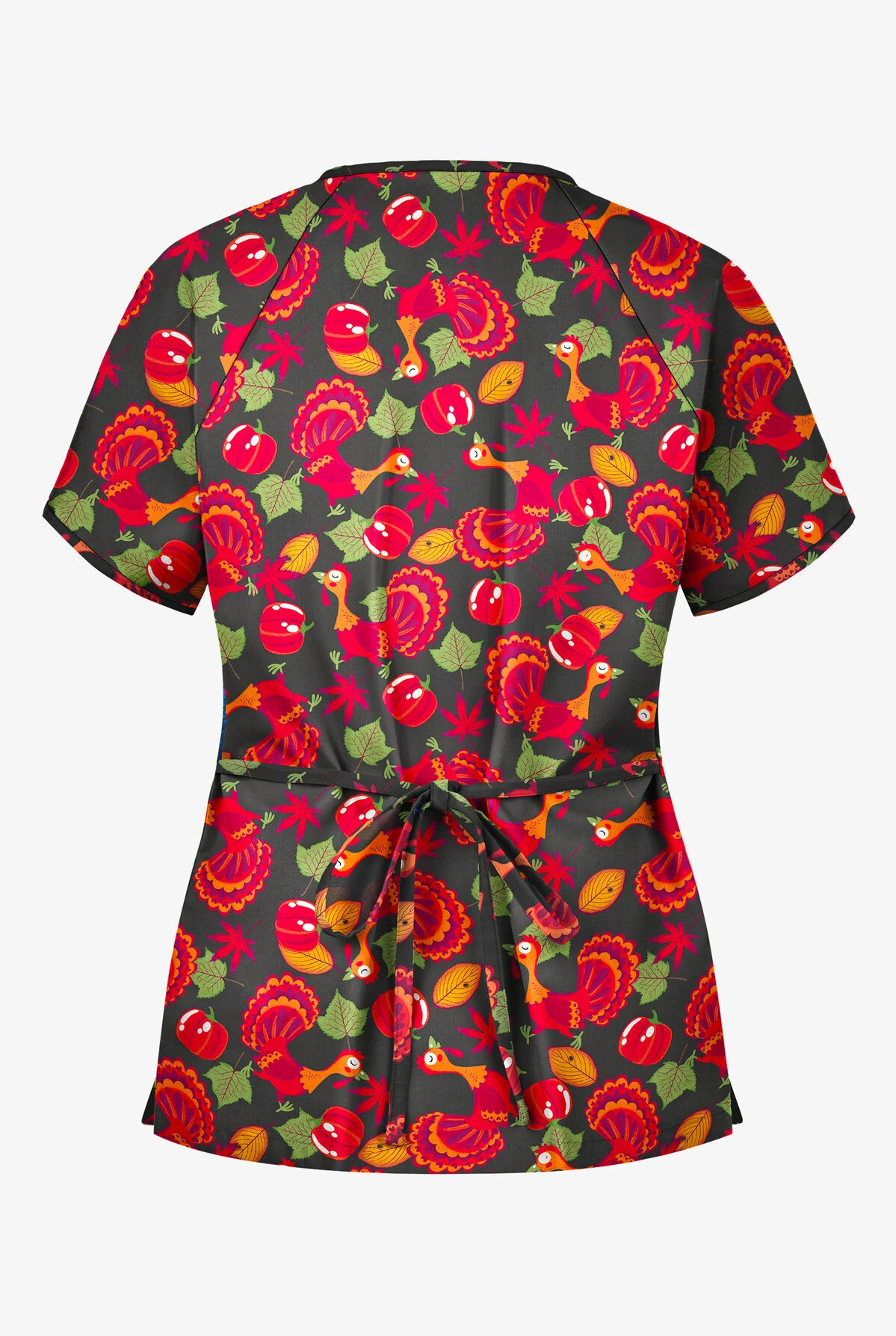 Butter-Soft Thanksgiving Morning Women's 2-Pocket Mock Wrap Print Scrub Top - Image 2