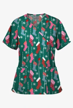 Butter-Soft Waiting For Santa Hunter Women's 2-Pocket Mock Wrap Print Scrub Top