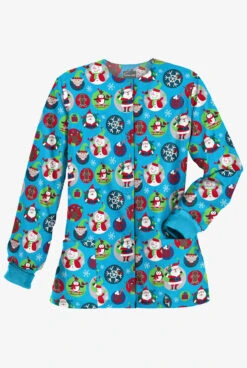 Butter-Soft Christmas Stickers Turquoise Women's 2-Pocket Warm-Up Print Scrub Jacket