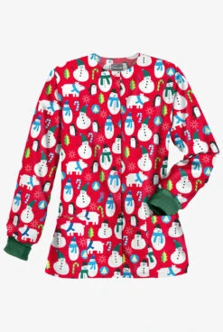 Butter-Soft North Pole Party Red Women's 2-Pocket Warm-Up Print Scrub Jacket