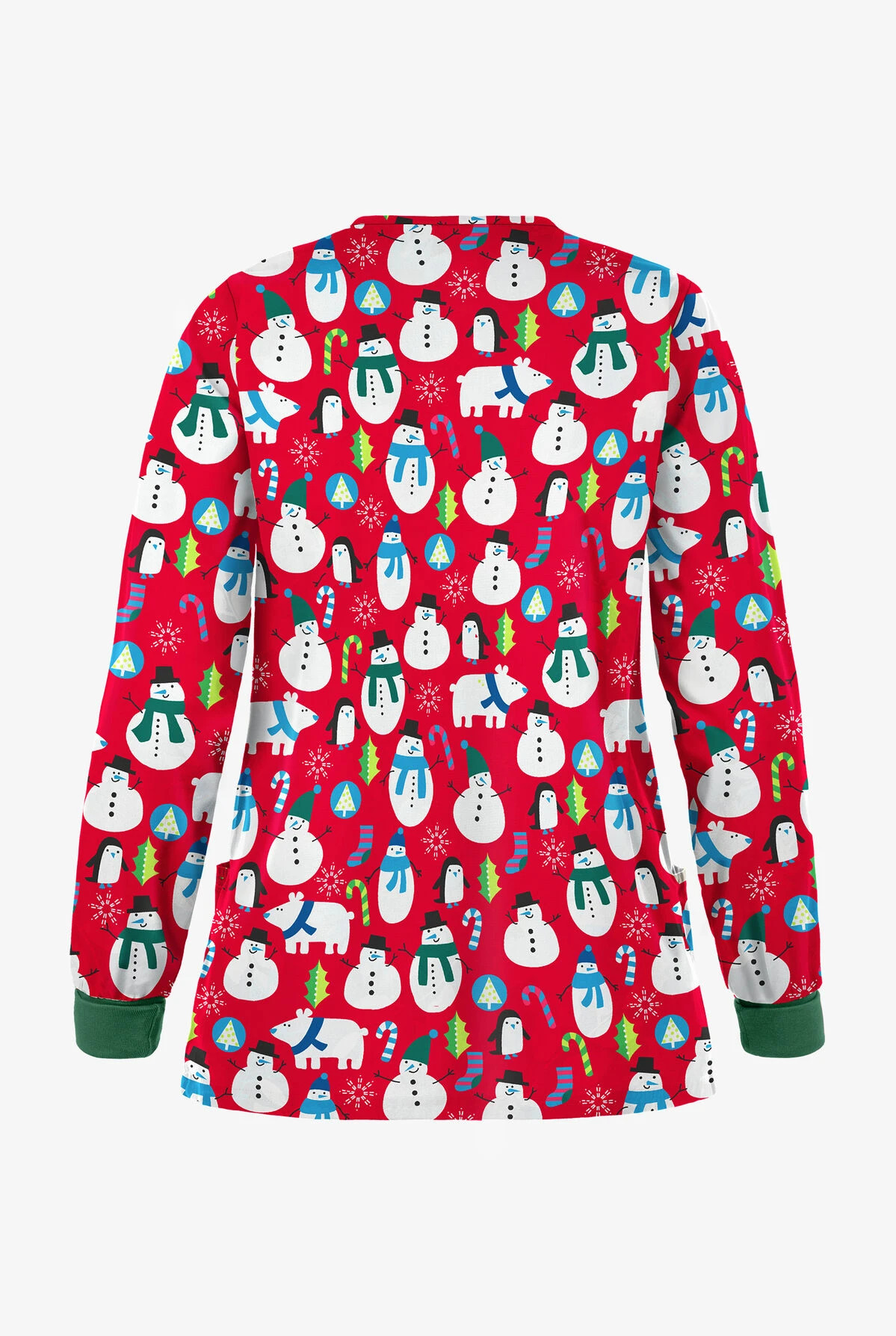 Butter-Soft North Pole Party Red Women's 2-Pocket Warm-Up Print Scrub Jacket - Image 2