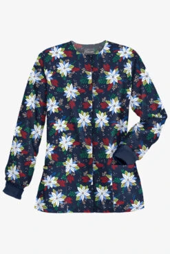Butter-Soft Winter Floral Navy Women's 2-Pocket Warm-Up Print Scrub Jacket