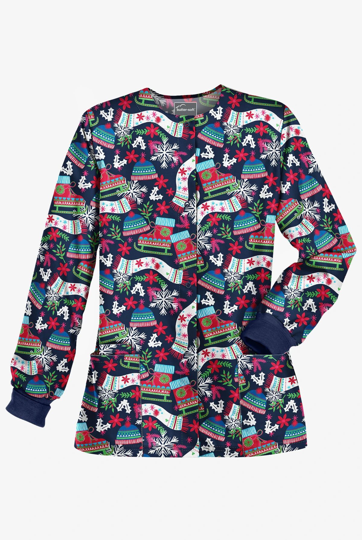 Butter-Soft Christmas Skate Navy Women's 3-Pocket Snap Front Printed Jacket