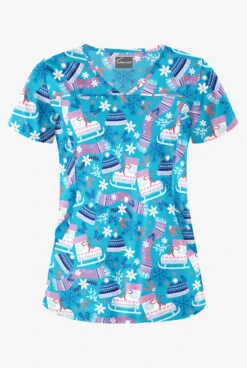 Butter-Soft Christmas Skate Turquoise Women's 4-Pocket Princess Seam Print Scrub Top