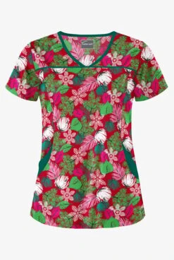 Butter-Soft Christmas Frost Red Women's 4-Pocket Princess Seam Print Scrub Top