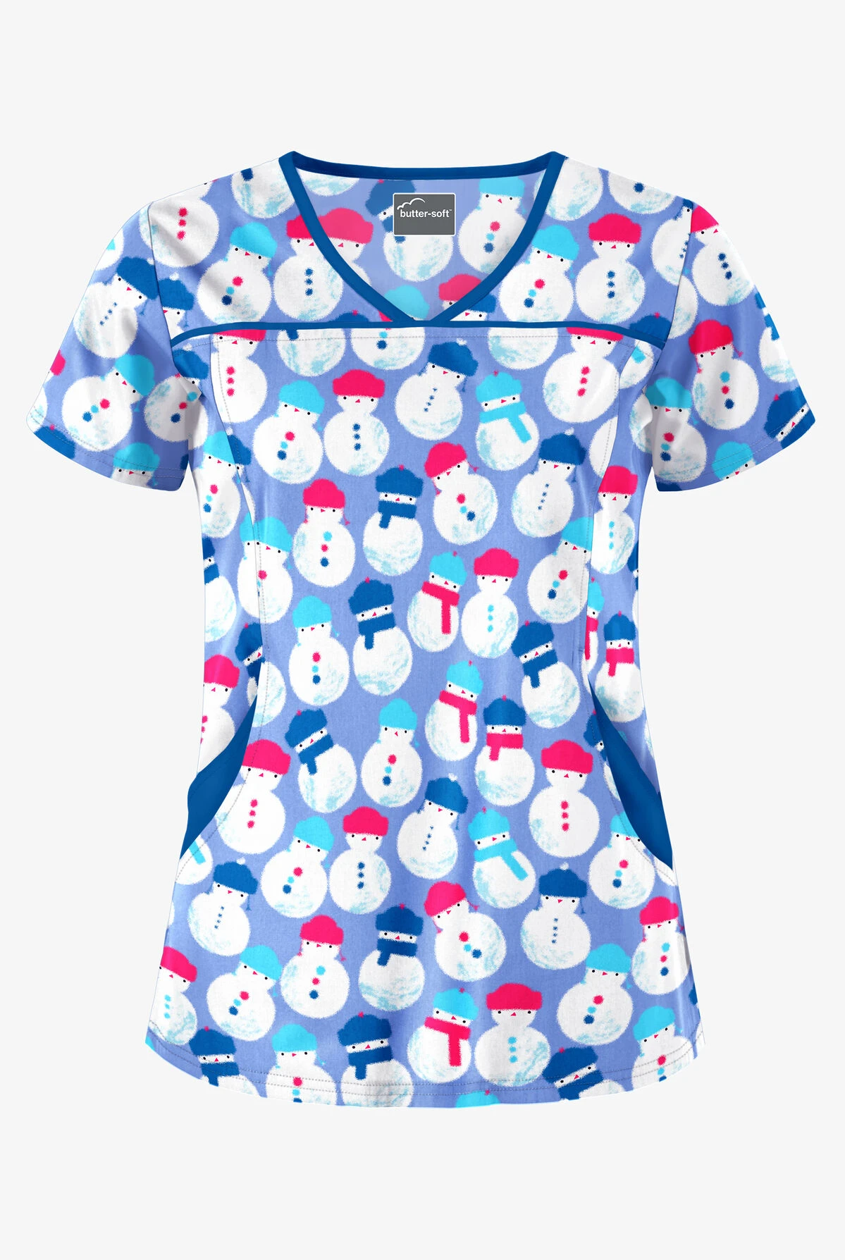 Butter-Soft Snowman Party Ceil Women's 4-Pocket Princess Seam Print Scrub Top