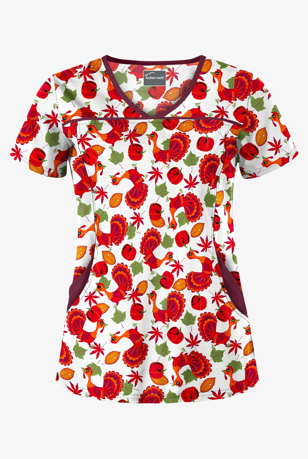 Butter-Soft Thanksgiving Morning Cream Women's 4-Pocket Princess Seam Printed Scrub Top