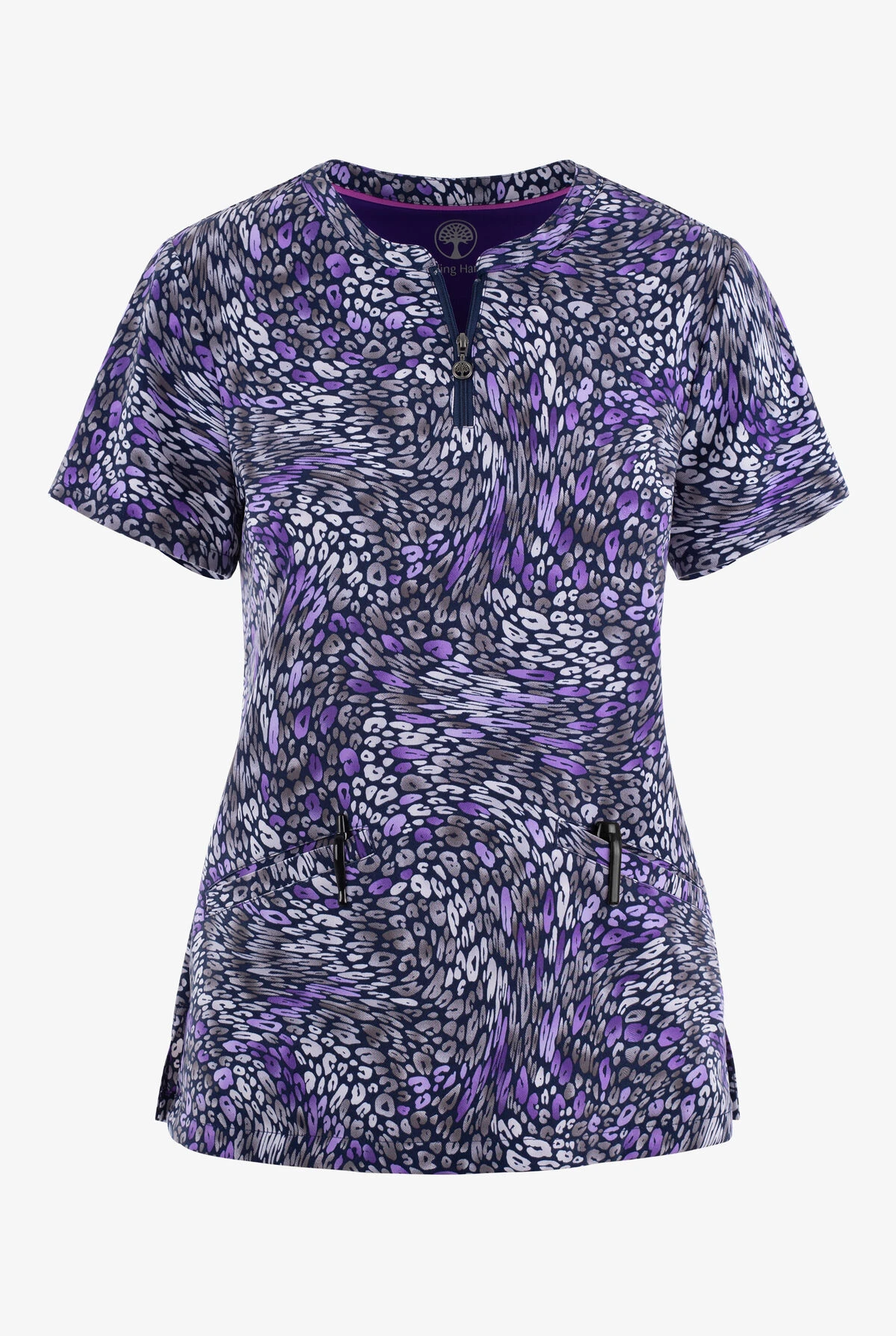 Healing Hands Wild Harmony Abstract Women's 3-Pocket STRETCH Zip Neck Print Scrub Top
