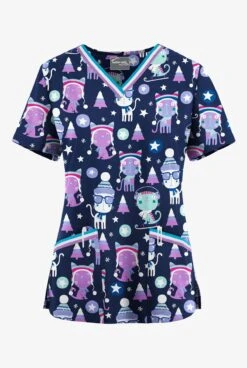 UA Butter-Soft STRETCH Christmas Kitties Navy Women's V-Neck 3 Pocket Print Scrub Top
