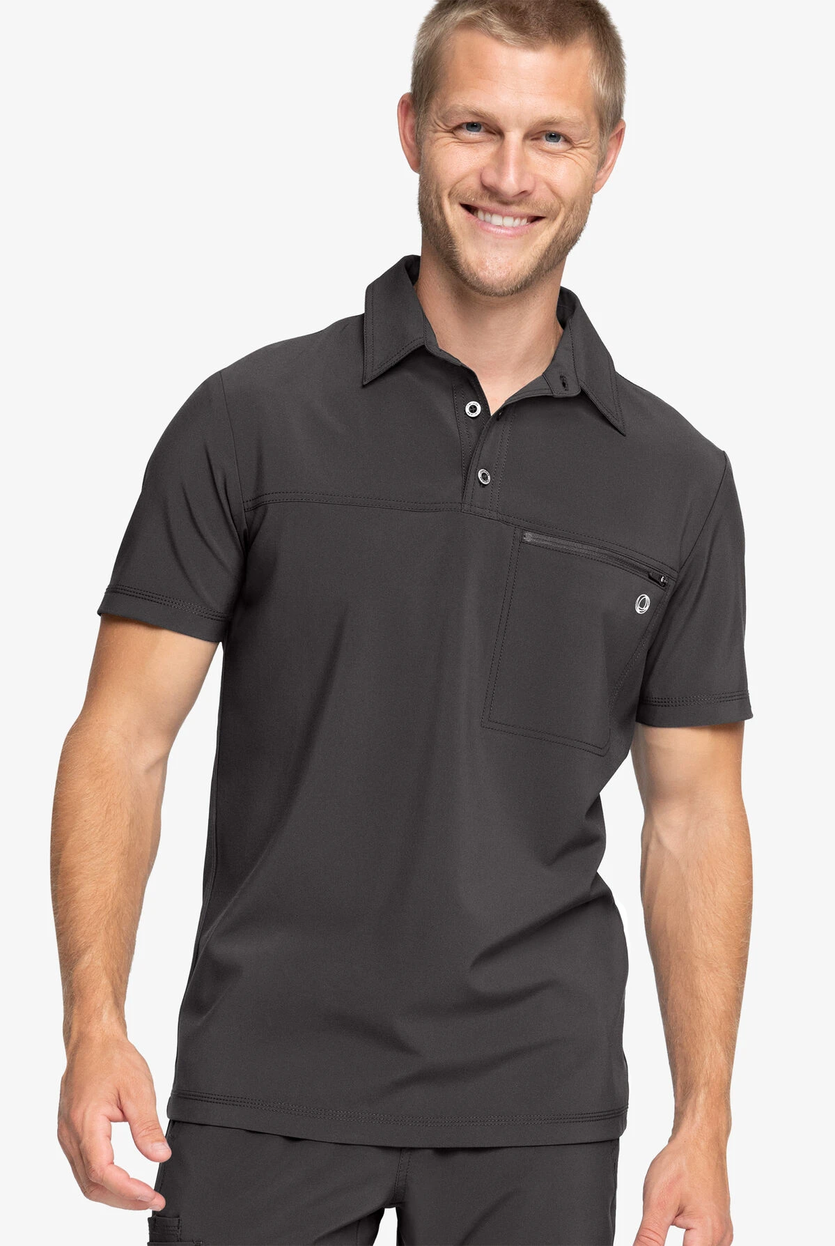Cherokee Infinity Men's 1 Zippered Pocket STRETCH Rib-Knit Polo Scrub Top - Image 2