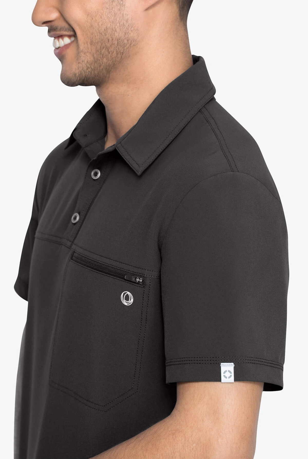 Cherokee Infinity Men's 1 Zippered Pocket STRETCH Rib-Knit Polo Scrub Top - Image 4