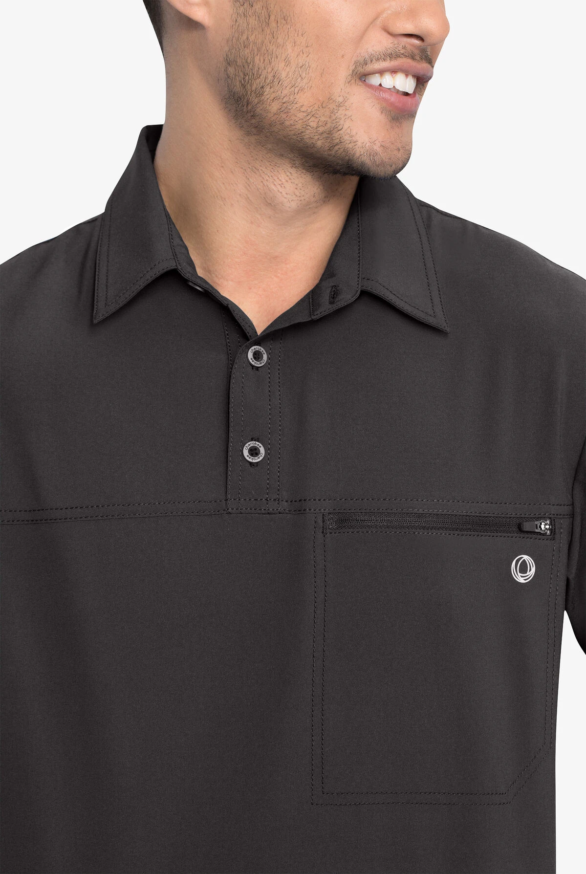 Cherokee Infinity Men's 1 Zippered Pocket STRETCH Rib-Knit Polo Scrub Top - Image 5