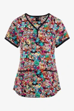 Koi Tokidoki Stay Groovy Women's 2-Pocket STRETCH Y-Neck Print Scrub Top