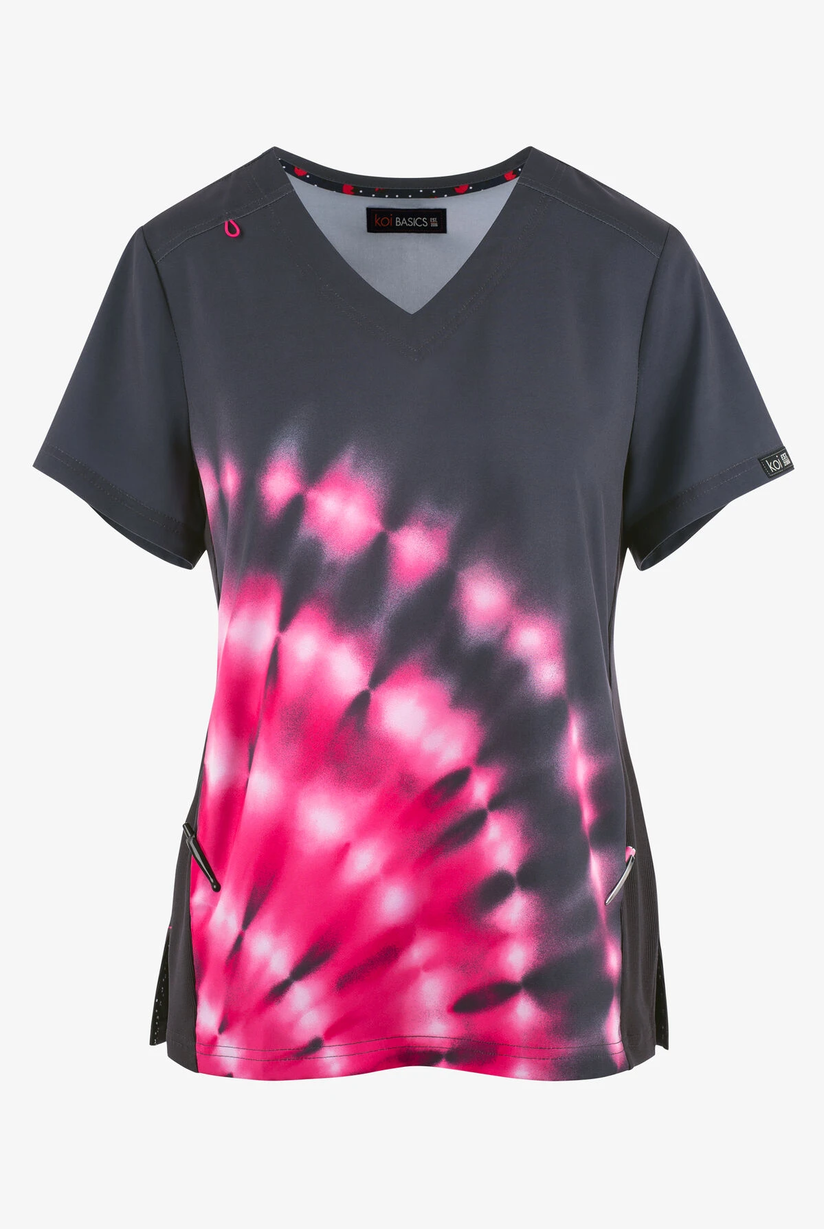 Koi Basics Tie Dye Burst Flamingo Women's 2-Pocket STRETCH V-Neck Print Scrub Top