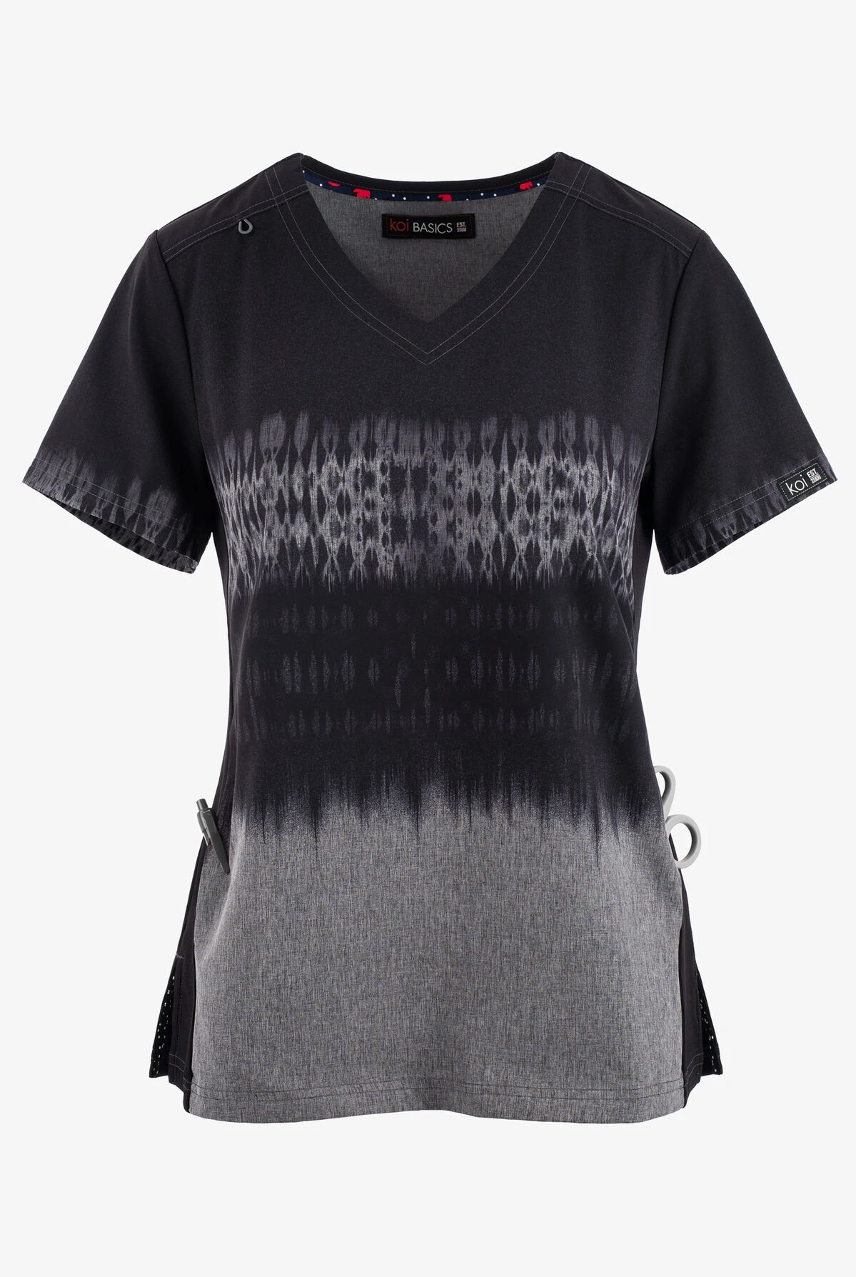 Koi Basics Cali Tie Dye Black/Heather Grey V-Neck Print Scrub Top