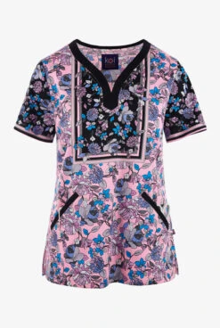 Koi Stretch Enchanted Garden Floral Women's 4-Pocket STRETCH Y-Neck Print Scrub Top