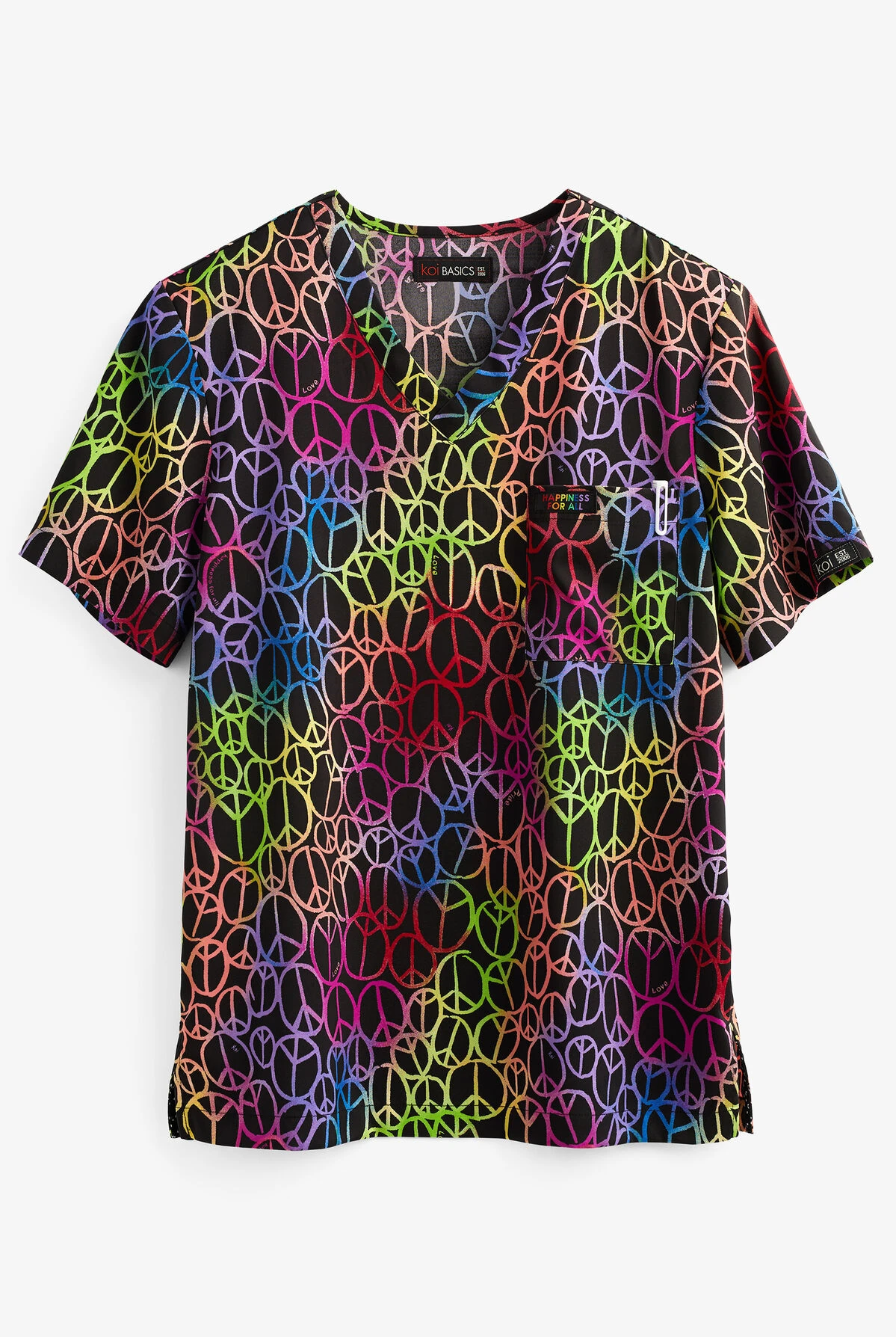 Koi Basics Pride, Peace And Happiness Unisex 1-Pocket STRETCH V-Neck Print Scrub Top