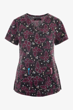 Koi Lite Starry Butterflies Women's 2-Pocket STRETCH V-Neck Print Scrub Top