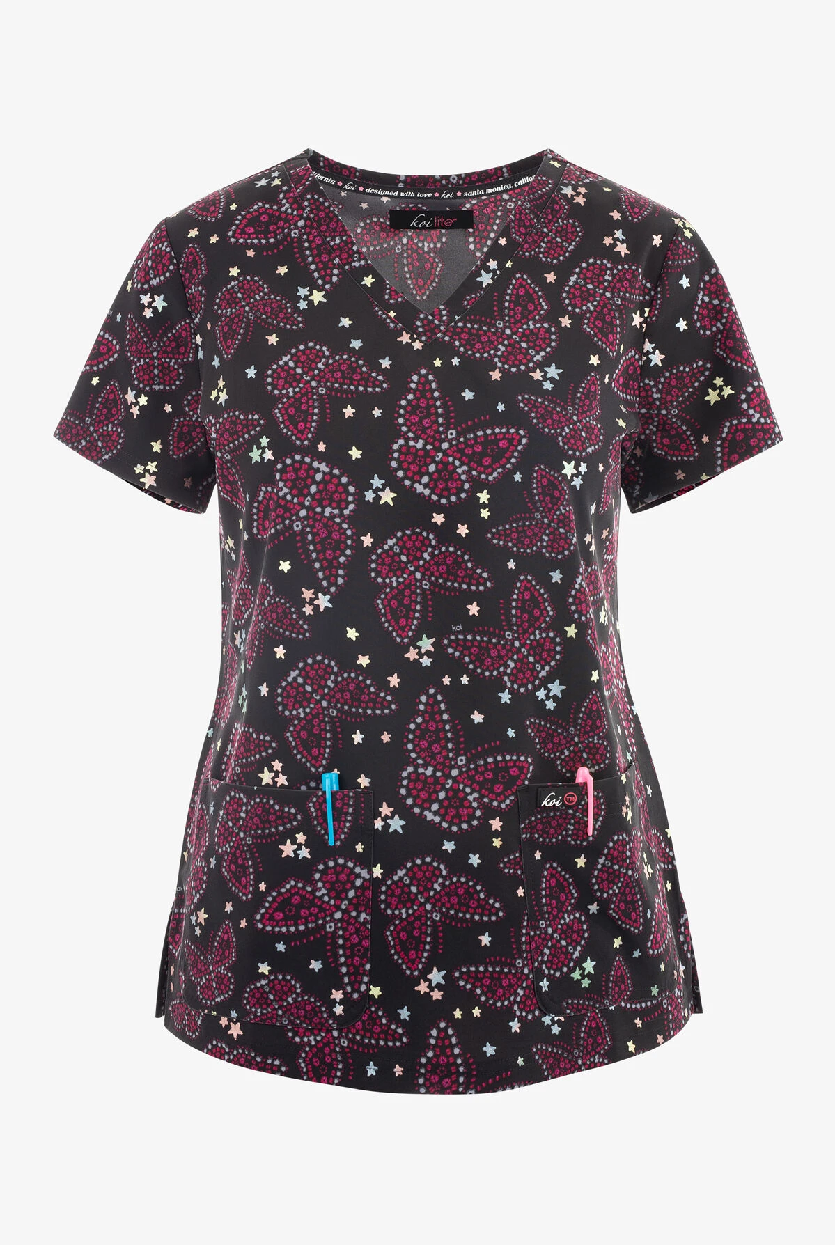 Koi Lite Starry Butterflies Women's 2-Pocket STRETCH V-Neck Print Scrub Top