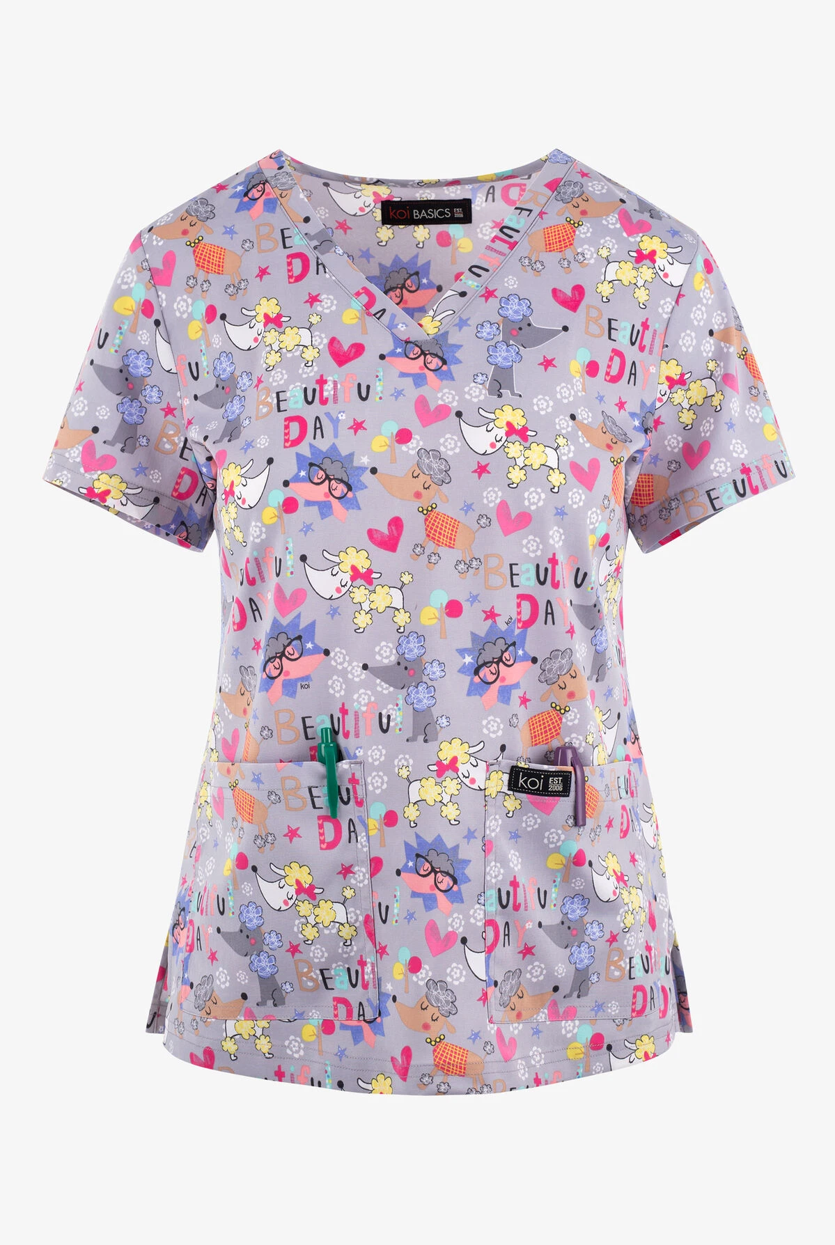 Koi Basics Beautiful Day Whimsical Women's 2-Pocket STRETCH V-Neck Print Scrub Top