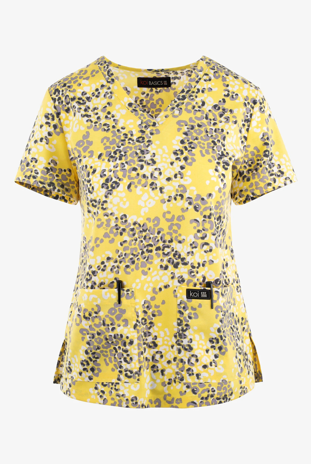 Koi Basics Pool Side Leopard Sunshine Women's 2-Pocket STRETCH V-Neck Print Scrub Top