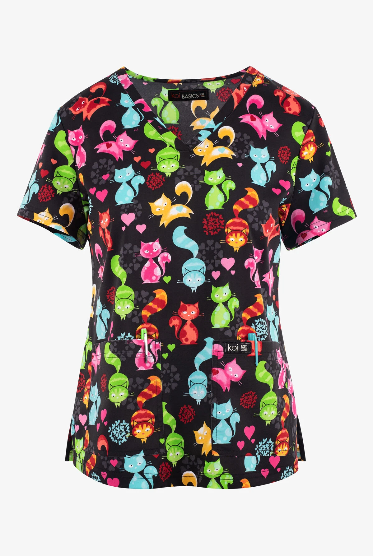 Koi Basics Playful Pretty Kitty Women's 2-Pocket STRETCH V-Neck Print Scrub Top