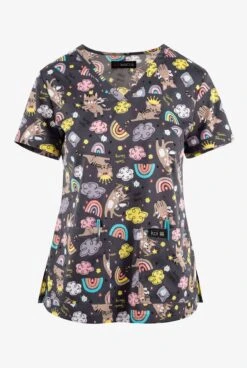 Koi Basics Toof Fairy Cats Women's 2-Pocket STRETCH V-Neck Print Scrub Top
