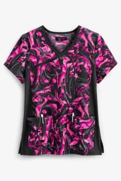 Koi Lite™ Inkblot Pinks Women's 2-Pocket Mock Wrap STRETCH Print Scrub Top