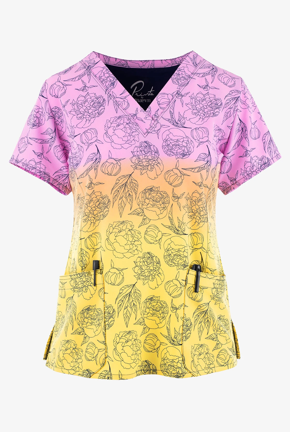 Maevn Morning Sunrise Floral Women's 3-Pocket STRETCH V-Neck Print Scrub Top