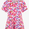Maevn One Love Hearts Women's 3-Pocket STRETCH V-Neck Print Scrub Top